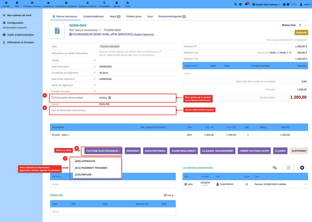 Figure 10 — Une facture fournisseur importée, et le menu des statuts à soumettre à la plateforme.